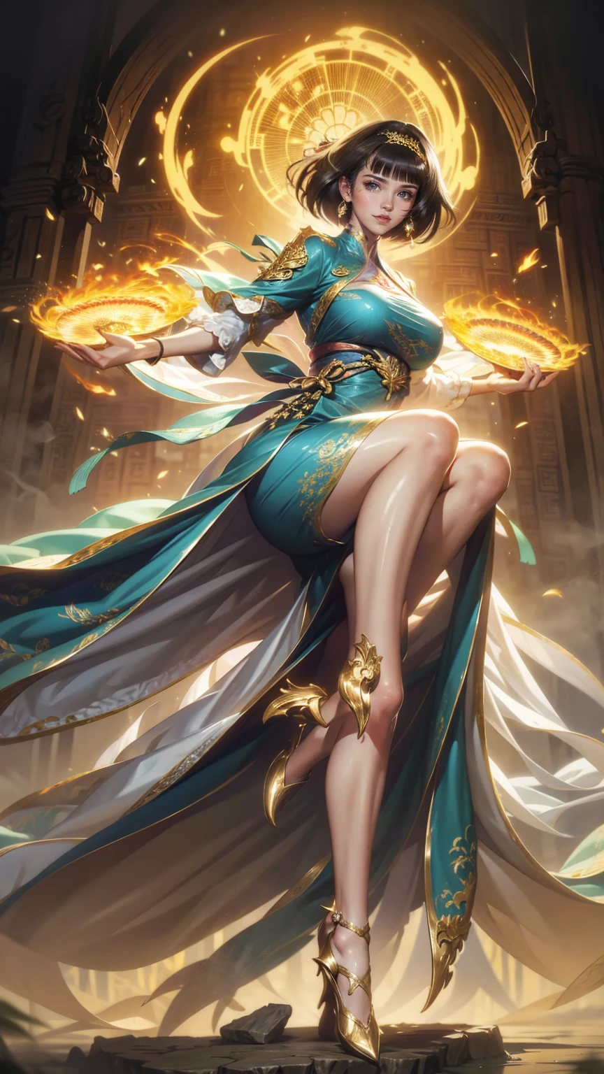 a beauti ,with a good figure,Full breasts,with short black hair,Gorgeous hair accessories,The hair is decorated with a magic pattern,Chinese magic robe costume,Cherry small mouth,wide blue eyes,Full-body standing,There are magic spells,Senior magician,Magic items in hand,Dressed in gorgeous dragon-patterned banded spell robes,spells magic,Dragon Soul patterned costume