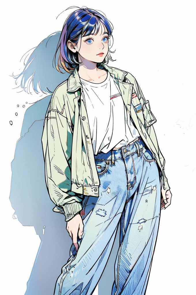 (masterpiece, Highest quality, Very detailed, 8k, Realistic),  One girl, alone, Very detailed face, (head shot:1.5), contrapposto, leaning against a concrete wall covered in graffiti, medium multi colored hair, She is wearing a T-shirt  and  military jacket, wide denim pants, Perfect Anatomy, hard shadow, watercolor, lineart, rough sketch, RGB, chromatic aberration