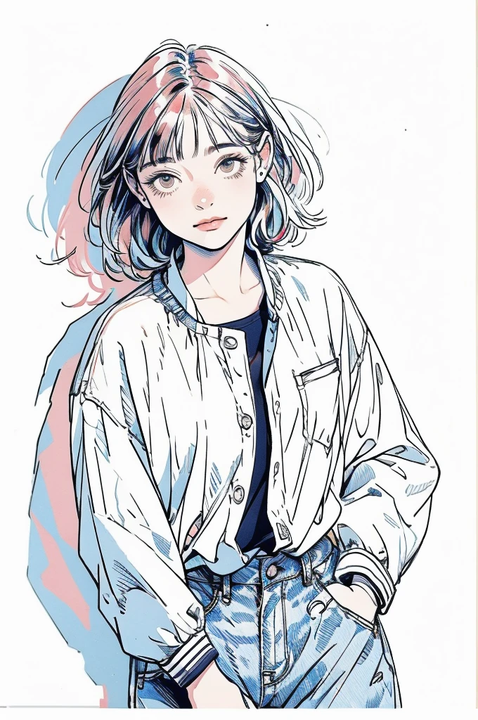 (masterpiece, Highest quality, Very detailed, 8k, Realistic),  One girl, alone, Very detailed face, (head shot:1.5), contrapposto, leaning against a concrete wall covered in graffiti, medium multi colored hair, She is wearing a T-shirt  and  military jacket, wide denim pants, Perfect Anatomy, hard shadow, watercolor, lineart, rough sketch, RGB, chromatic aberration