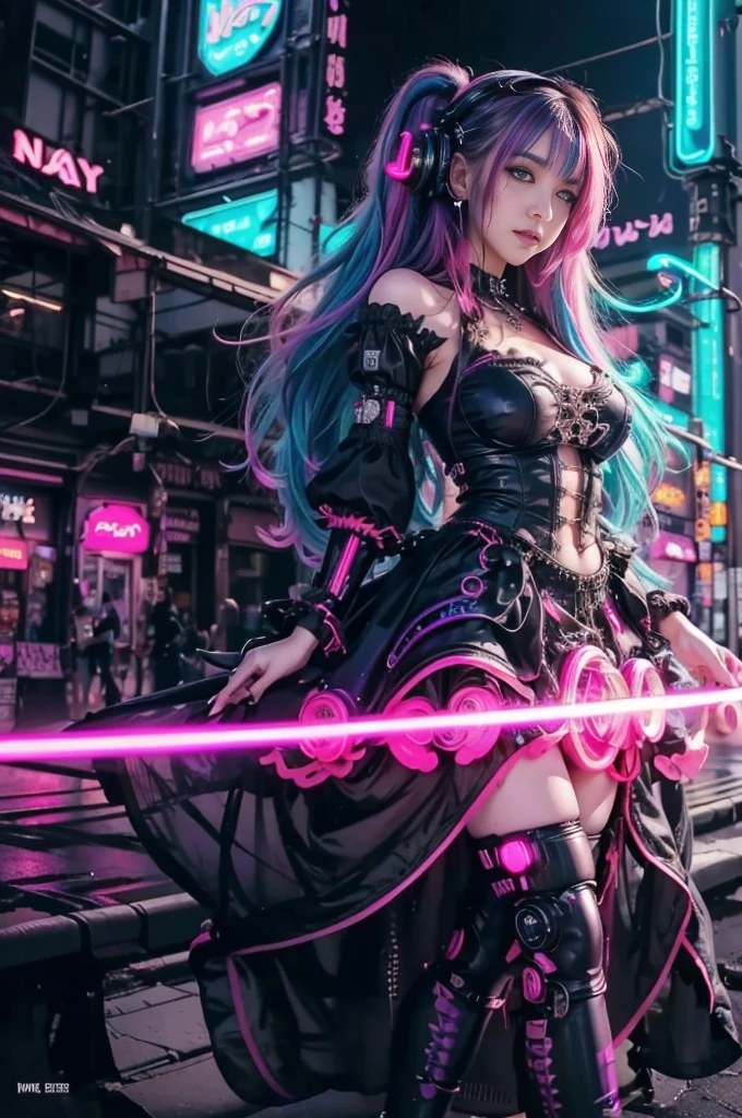 masterpiece, of the highest quality, Best Quality, Official art, Beautiful and aesthetic:1.2),(1girl in:1.4),Full body,(long pink and blue hair style),ighly detailed,(Fractal Art:1.3),(Colorful:1.5),highest details,(Mechanical modification:1.3),(corrected:1.2),Maiden,(A complex mechanical conduit), catheter,(Neon background:1.4),(Neon City:1.75),Night,Large breasts,(Gothic_****ta:1.2),high-heels,(:0.75),makeup,blush,(Cyberpunk:1.4),((Looking at Viewer)), (((super realistic))), perfect lighting, dynamic pose, raw 8k, ((detail face)), ((beautiful face)), headphones with a mic like Idol, adjust cloth, adjust, realistic, realism, shiny skin, full body look, change pose to sexy poses, non nude, young girl 30 years old, perfect finger, beauty japanese face, very big breast, very large breast, non naked, muscle body, fit body, non nsfw, bokeh background