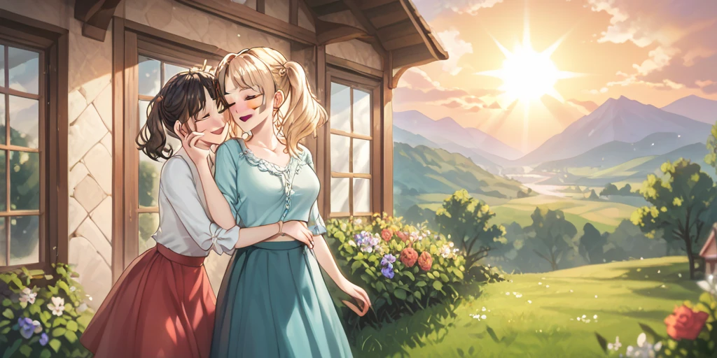  A man and a woman are standing near the house ,  girls with ponytails , Young short hair, Fuckที่ไม่คาดคิด, สาวคนหนึ่งกำลังFuckของหนุ่มคนหนึ่ง,  A girl wearing a shirt and a skirt ,Fuck, Fuckที่ไม่คาดคิด on the cheek,  best quality , Very fine ,  romantic atmosphere, , sunset colors,  Light, warm and soft , loved one,  gentle and natural gestures , Light breeze, sunlight,  Calm and quiet atmosphere ,  A happy couple enjoying the moment ,  cool summer evenings , A dreamy atmosphere , Sunset,  loving couples ,  romantic dates ,  love around , 21st century ,  houses in the background ,Clear image