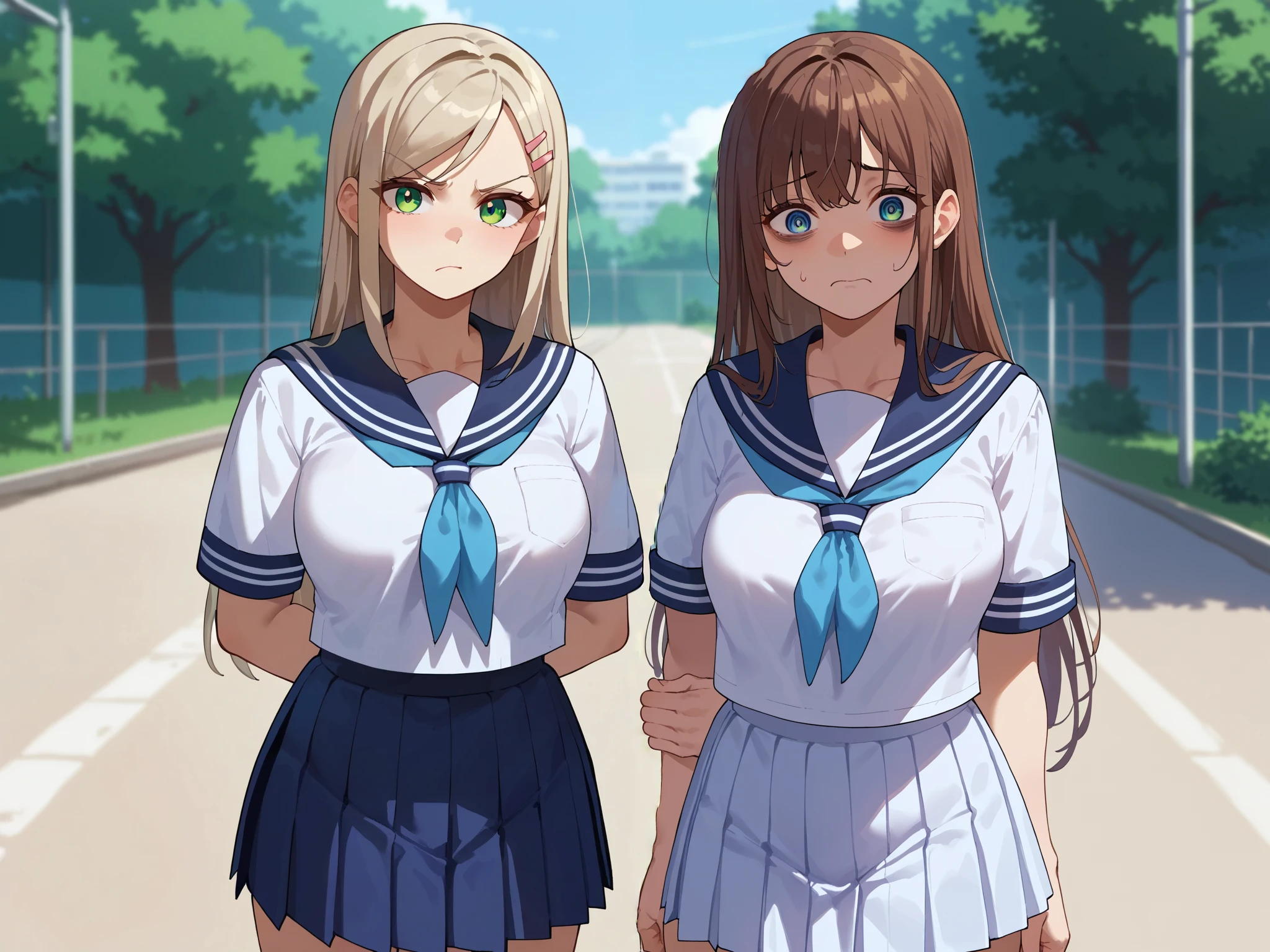 {{score_9, score_8_up, score_7_up, score_6_up, score_5_up, score_4_up, source_anime}} 2girls, outdoors, school, cowboy shot, medium breasts, bags under eyes, nervous, hand to chest, brown hair, long hair, long bangs, serafuku, sailor shirt, blue neckerchief, blue pleated skirt, looking at viewer, medium breasts, blue eyes, nyantcha
