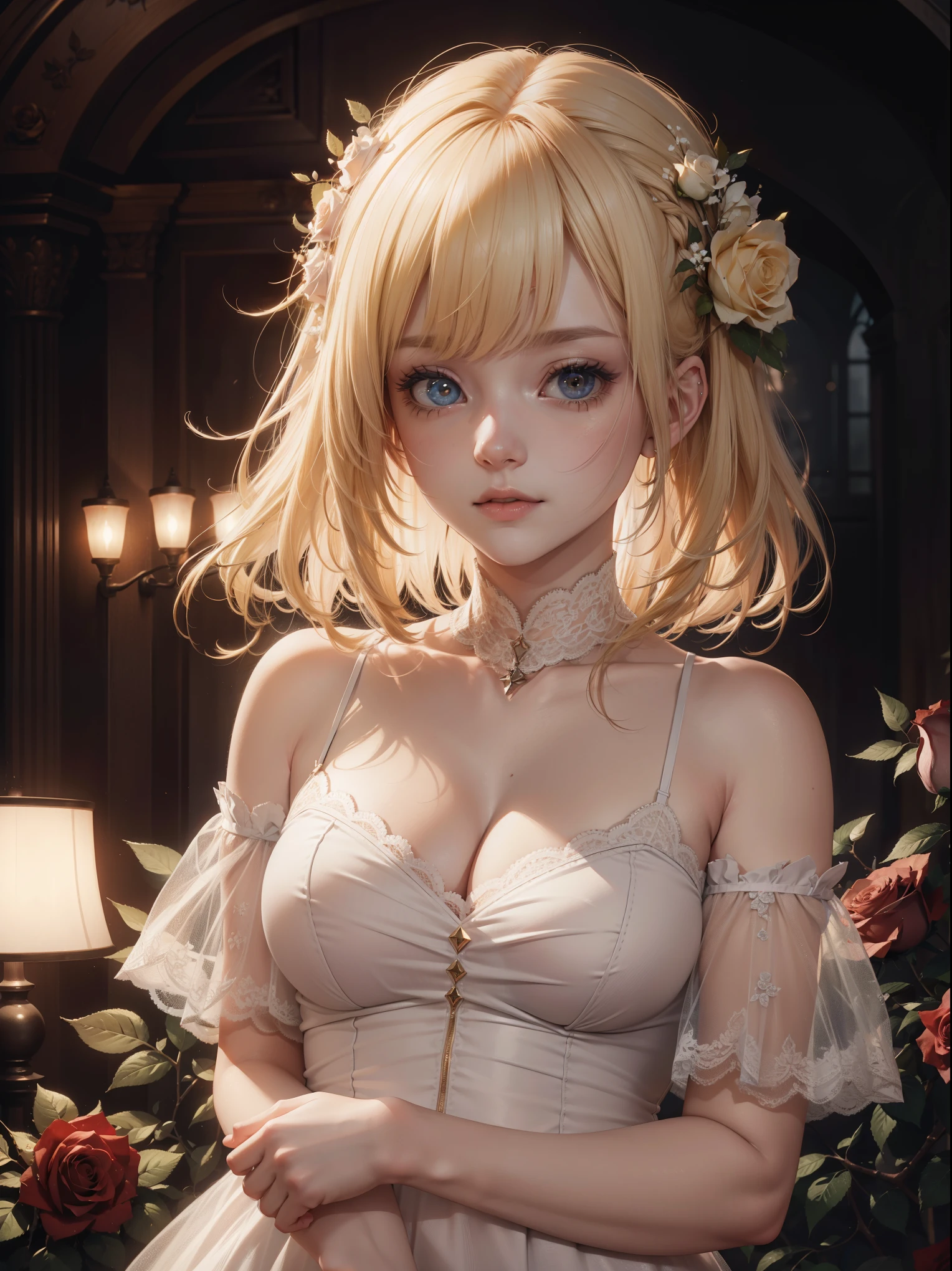 (drooping eyes), ((eyes realistic sizing)), ((round face, smiling)), ((transparent see-through colored lacy capless camisole with flowers pattern)), nipples, strong sunlight, closeup breasts, braid, blond, (mash cardigan),