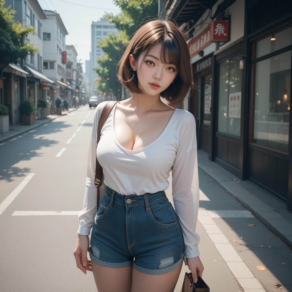  Japanese woman with a viewing angle of　Brown Hair　 Bob Hair 　An adult-like face　 sexy　 slender　Big Breasts　 beautiful feet　 cleavage visible　Long sleeve shirt　 shorts　Stylish streetscape