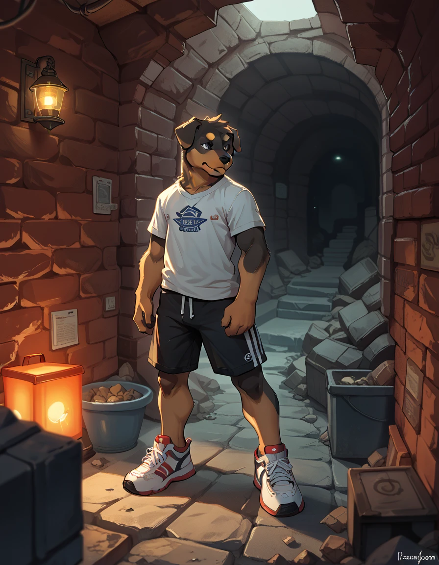 young boy inside the underground maze, furry, kid, rottweiler, dark and eerie, t-shirt and shorts and sport shoes, 1boy, young, ((underground)), ((sewer)), ((maze)), ((brick wall)), (lantern),