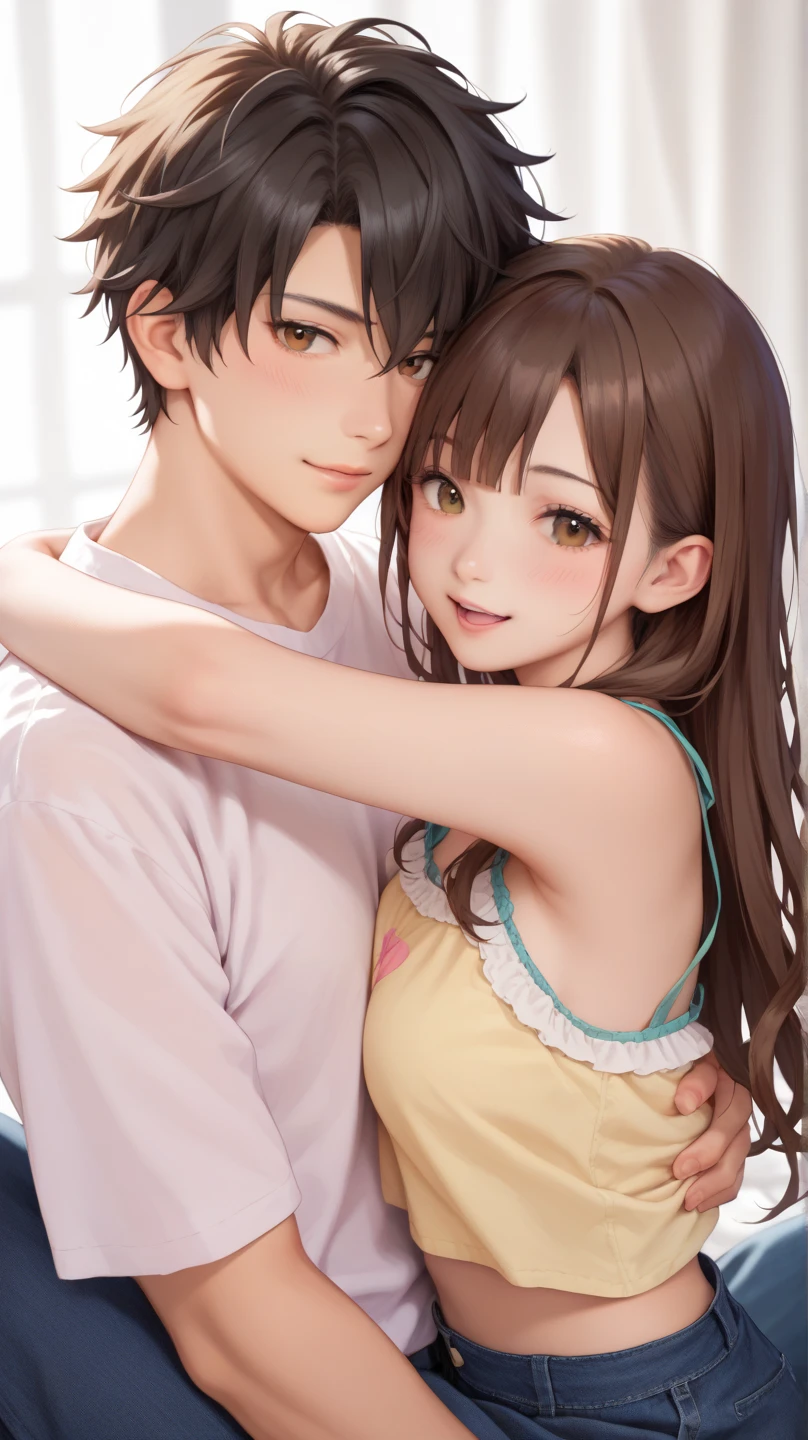  measurements、, high image quality 、Anime  boys and girls hugging each other, Cute illustration that looks funny and misshapen,  boys and girls, Digital Anime Illustration , Manga, ภาพศิลปะ measurements, Anime style images,  in anime style ,  Detailed fan art images ,  realistic kawaii portrait,   soft anime illustration  ,  Cute art style , in anime style、Funny scenes 、 Cover like a romantic comedy cartoon ,   brown eyes ,   brown hair   , Have sex ,Black Haired Man, brunette、Open genitals、Succeed、Water broke、breed