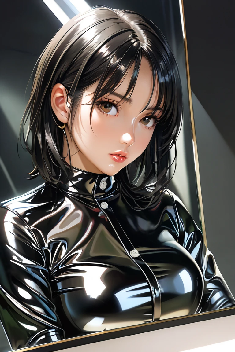 A black-haired, short-haired, muscular mature woman in a dimly lit hotel room, wearing a black leather jacket, black patent leather leggings, red patent leather gloves, and holding a whip, smiles. Looking up perspective