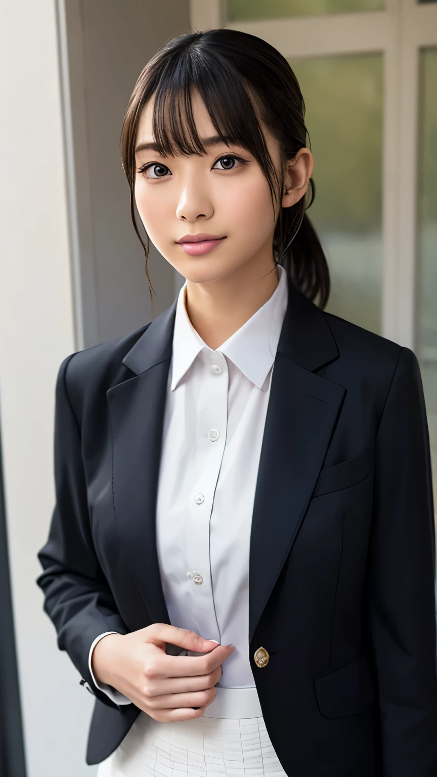 1GIRL,(21 year old japanese new-graduate-recruitment girl:1.5),pale skin, narrow shoulder width,flat chest , beautiful face like actress, triangle face, Droopy eyes, natural makeup,smile ,close mouth ,((black Recruitment suit jacket, white collar long sleeve shirt, black Recruitment suit mini skirt:1.5)),((large black totebag:1.4)),heights: 163 cm,((low ponytail with bangs1.2)), looking down,standing with hands on chest,full body shot,masterpiece, nsfw,professional lighting,photo taken by professional photographer,super detailed,ultra resolution,((85mm,Official AR RAW photos,Realistic,Ultra Details)),super high quality,8k wallpaper, best quality, chromatic aberration,anatomically correct,textured skin