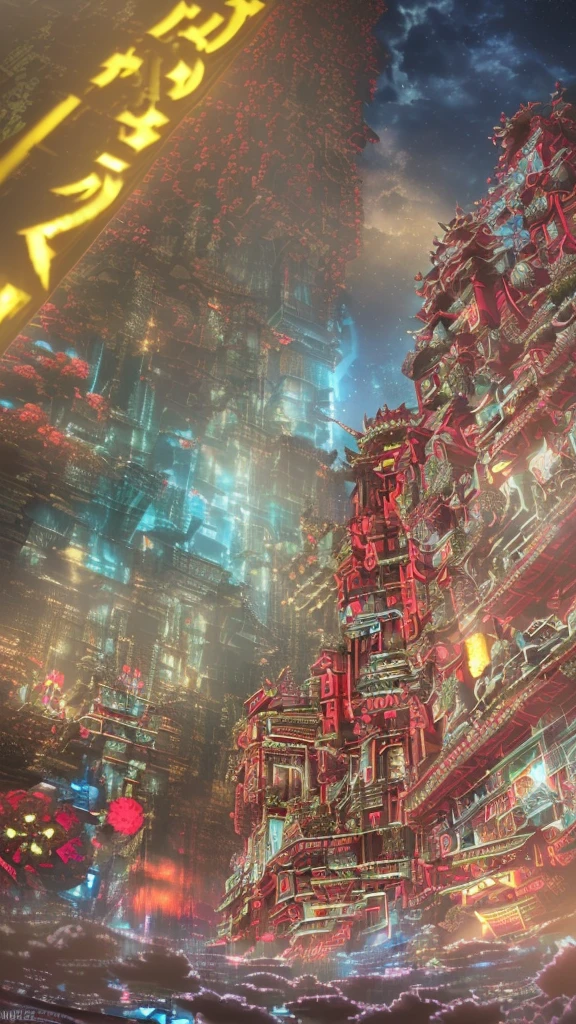 (Ultra high definition:1.4)、(Fantasy、cyber punk、Ancient Chinese castles:1.3)、(Irregular red building:1.5)、(Floating in the clouds:1.2)、(Patchwork Cottage、Neon lighting、Floral decoration:1.4)、(Cityscape in the sky:1.1)、(Ross Tran、Inspired by Mikey Chan:1.2)、(Realistic lighting、Light Shaft、warm glow:1.3)、(masterpiece:1.2)、(high quality、Beautiful graphics、