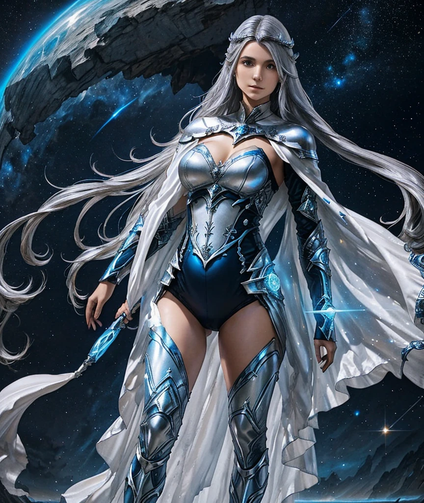 Create a character design for Lilia, a superheroine in a fantasy world. She has an oval face with high cheekbones and a strong jawline, bright blue expressive eyes that convey determination and wisdom, and long flowing silver hair that cascades down her back with a slight wave. Her delicate features are complemented by a soft, confident smile. Lilia has an athletic build, standing tall and poised, reflecting her strength and agility, with fair skin that has a subtle glow, symbolizing her connection to cosmic energy. 

She wears shimmering silver armor that fits snugly and is adorned with intricate blue patterns resembling constellations. A flowing blue cape billows dramatically behind her, enhancing her heroic presence, while underneath the armor she has a fitted bodysuit that allows for flexibility and movement. Her footwear consists of knee-high silver boots with reinforced soles for combat, featuring blue accents that match her armor. 

Lilia's accessories include a cosmic energy gauntlet on her left arm that glows with ethereal light, signifying her power, and a silver circlet on her forehead embedded with a glowing blue gem that enhances her magical abilities. She also has a utility belt with pouches for magical artifacts and potions. The background should be a mystical landscape filled with stars and cosmic elements, reflecting her connection to the universe، final fantasy xvi style.