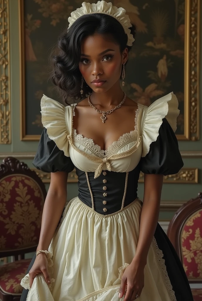 Black women、Dark skin color、Spread your legs、Earrings、necklace、White shirt with puff sleeves and collar、((flare skirt))、(Thigh-high stockings)、((Lace panties are visible))、Big Breasts、((Bowl Cut Hair))、((Straight Hair))、(blunt bangs)、(New York Cityscape)、Very beautiful woman、Slender women、(Detailed face)、Realistic Skin、((Delicate photo)),(Girl Masterpiece RAW Photo Details:1.25), (Highest quality:1.6), (Ultra-high resolution:1.5), (Realistic:1.75), 8k resolution, Canon EOS R5, 50mm, Absurd, Ultra-detailed,Cinema Lighting、