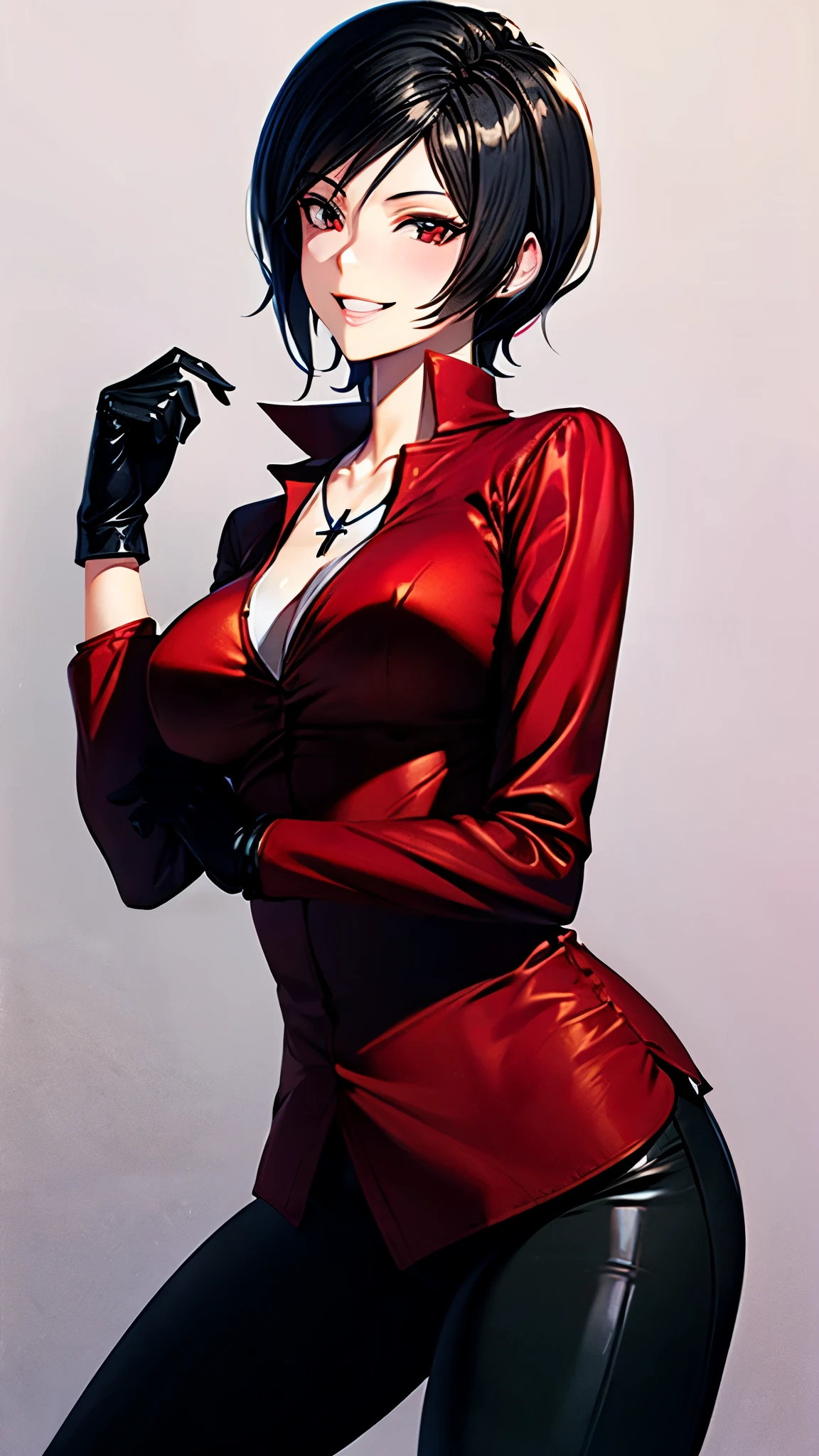 （ super quality, ultra high resolution,16k,super masterpiece,Ultra HD ,Detailed shading and background,）sexy wife,Short, straight, black hair ,（A red shirt suit that has been unbuttoned, spread wide, and stood straight,Folded sleeves, black long gloves,Tight black pants, black long boots ,） cross necklace,smile,Thick lips, Living room where the sun shines ,