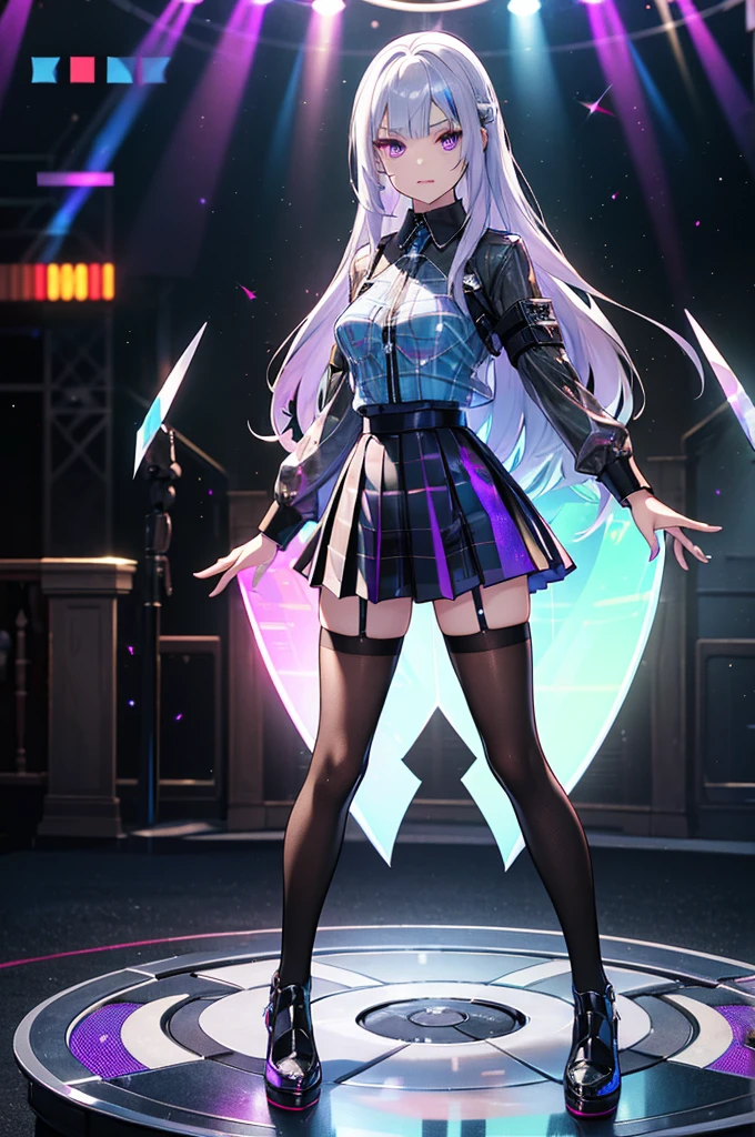 wearing black tights ,(( Holographic )), ( Milk Comes Out of My : 1.2),(I can see the fangs、Double teeth、 wore black tights ( light blue plaid pleated skirt : 1.2), (Mean face、 red eyeliner that makes an impressive impression、 cold eyes 、 has long eyelashes ) Purple Eyes, Long Hair, Gray Hair, double blade , gradient hair , Refined and elegant , 3d rendering , PVC clothing , colored vinyl clothing ,prism, Holographic , Color Difference, fashion illustration, Looking at the Audience , pixib,movie lighting, very detailed, Clear Focus .