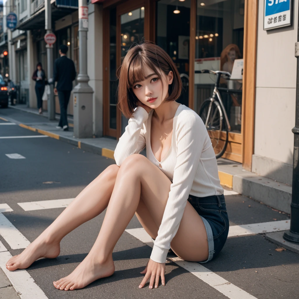  Japanese woman with a viewing angle of　Brown Hair　 Bob Hair 　Shy Face 　 sexy　 slender　Bare legs　 beautiful feet　 cleavage visible　Long sleeve shirt　 shorts　Stylish streetscape