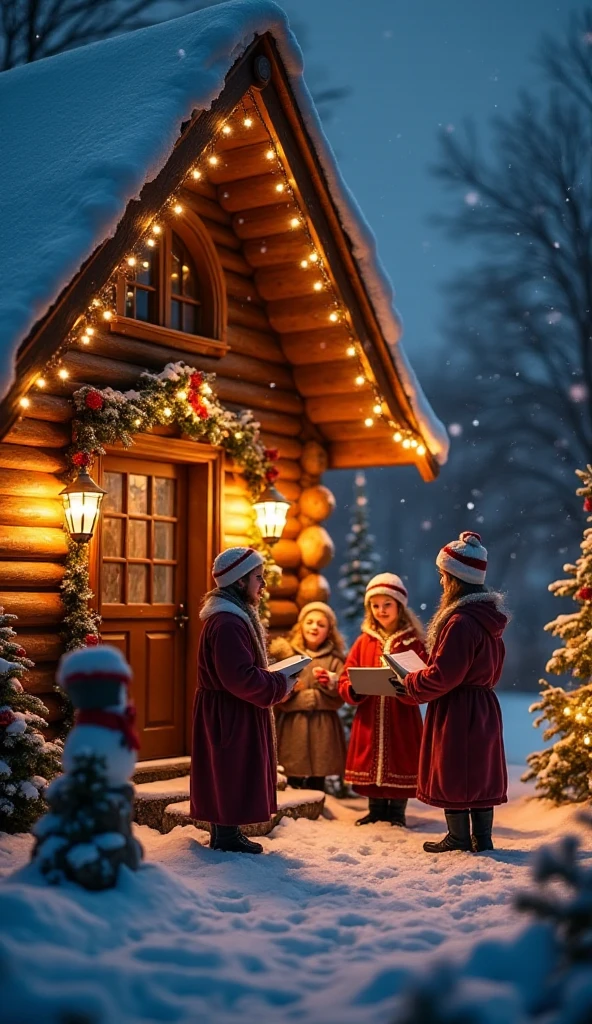  High resolution,  Best Quality , HD model,  lyrics, UHD,  Six ren dressed in winter are singing carols in front of a house door. The house is made of wood and is adorned with lots of lights, ribbons and garlands . It&#39;s snowing.  Outside the house there is an illuminated Christmas tree and a snowman .