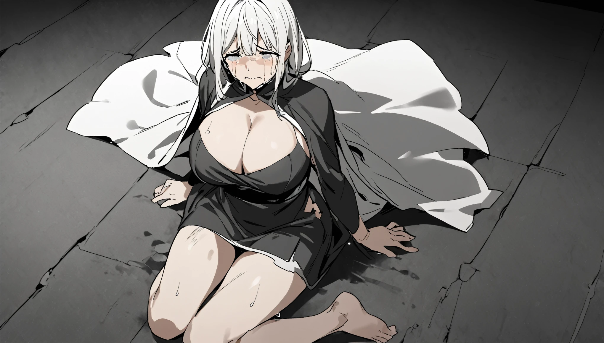 1 mature women sitting on floor injured, big breasts, Cut Out cape dress, cleavage, crying, from far, looking at me, full body, black and white manga image,