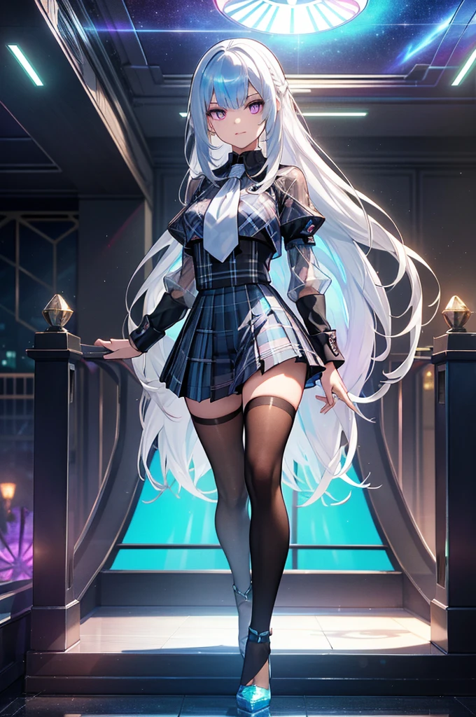 (The background is the top of a skyscraper ) , perfect work of art , wearing black tights ,((  Holographic  )), (  Milk Comes Out of My Nipples  : 1.2),（I can see the fangs、Double teeth、 wore black tights  (  light blue plaid pleated skirt : 1.2), （Mean face、 red eyeliner that makes a striking impression、  cold eyes 、  has long eyelashes ） Purple Eyes, Long Hair, Gray Hair,  double blade  ,  Iridescent Hair、 gradient hair , Refined and elegant ,  3d rendering , transparent PVC clothing , transparent colored vinyl clothing ,prism, Holographic , Color Difference, fashion illustration, Looking at the Audience , pixib,movie lighting,  very detailed,  Clear Focus .