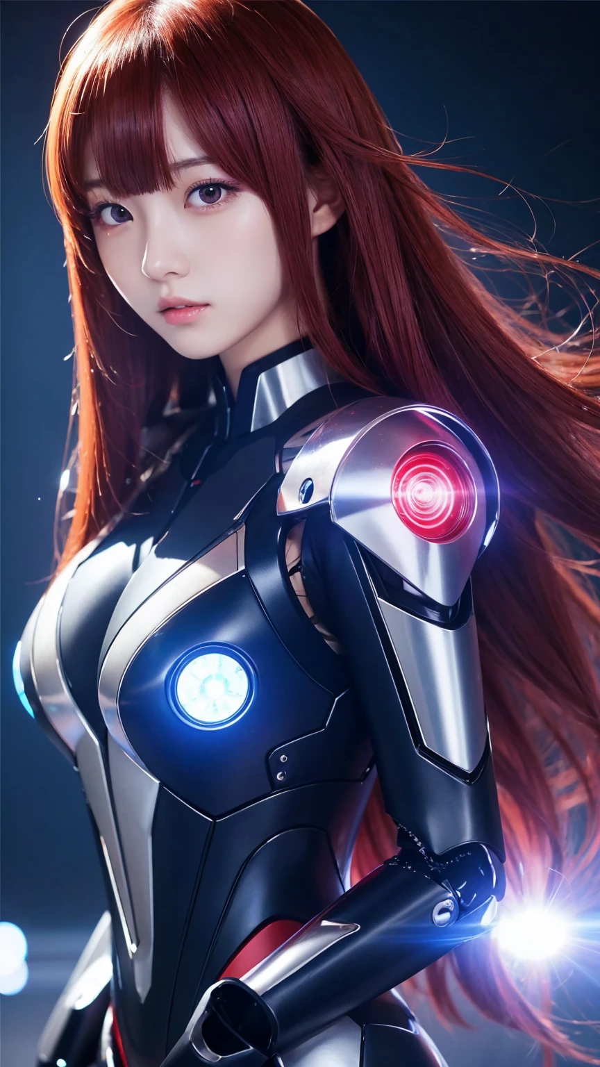 Create a super detailed anime Mecha illustration masterpiece full of ornate futuristic armor and weapons referencing the Gundam wing anime series, with 8k quality images, super high color intensity, model 4D real, very real from the subject of a 25 year old woman. With the following physical characteristics: long metallic red hair fluttering in the wind, magnificent futuristic mechanical body, fostur tubuh tinggi, slim, Use a futuristic background featuring alien high technology full of colorful light cables, strangely walking with a high sense of confidence, the waving motion of the hand creates the impression of a graceful woman, Give the effect of light sparks flying around the woman, give an aesthetic light effect, dramatic, dark. Take a focus shot from the side with an extreme close-up style.