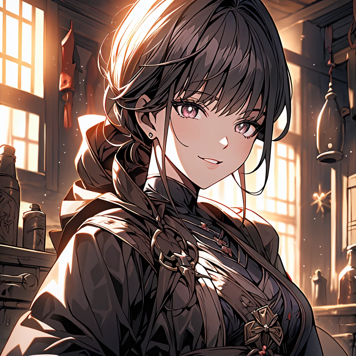 Adult female, fantasy, very short dark brown hair, red eyes, cleric, black on white cleric robes, blushing, drunken yelling, tavern, sad tsundere, drunk, highly detailed, best detail, high quality, perfect eyes, expressive eyes,