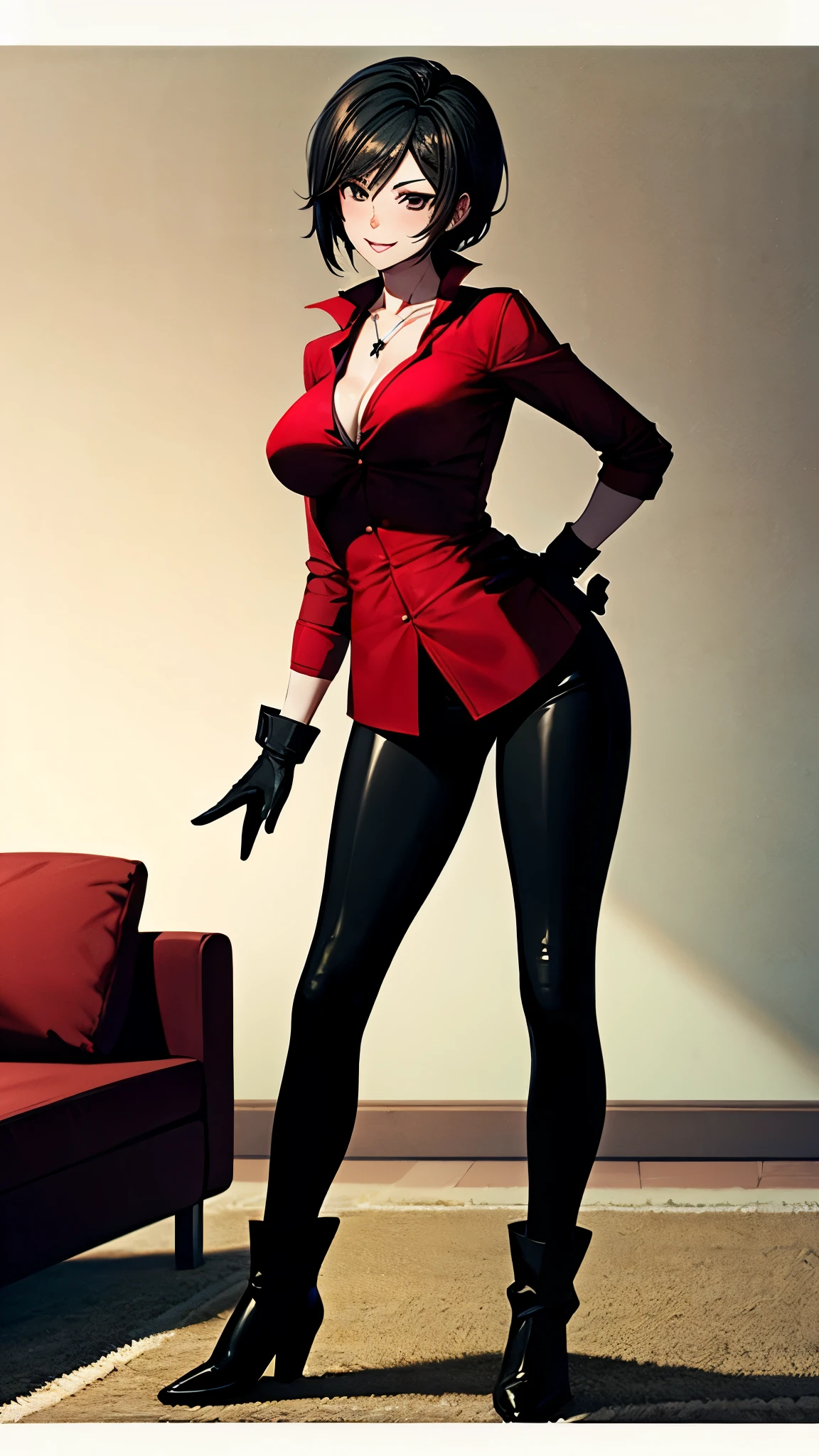 （ super quality, ultra high resolution,16k,super masterpiece,Ultra HD ,Detailed shading and background,）sexy wife,Short, straight, black hair ,（A red shirt suit that has been unbuttoned, spread wide, and stood straight,Folded sleeves, black long gloves,Tight black pants, black long boots ,） cross necklace,smile,Thick lips, Living room where the sun shines ,