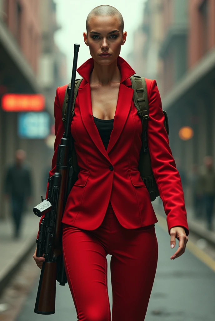 Brunette woman with brown eyes dressed in red with a light brown trench coat walking with guns in hand