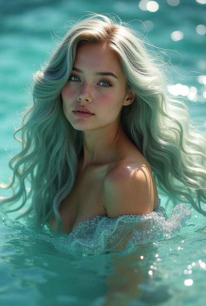 curly hair, white hair, messy hair, long hair, half-closed eyes, gradient eyes, aqua eyes, longeyelashes, pout, parted lips, color drain, backlighting, film grain, fading border, atmospheric perspective, lens flare, anatomically correct, ccurate, high details, masterpiece