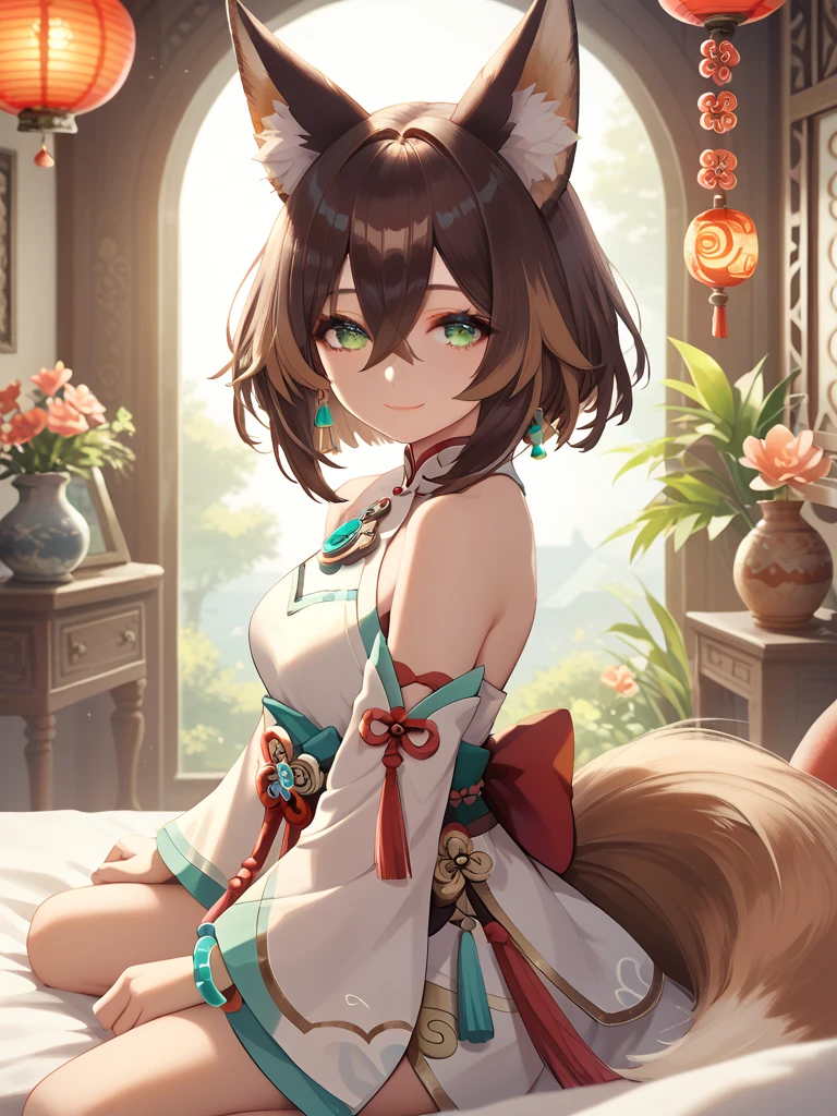 ultra-detailed,(best quality),((masterpiece)),(highres),original,extremely,tingyun, 1girl, animal ears, green eyes, tail, breasts, fox ears, brown hair, multicolored hair, looking at viewer, detached sleeves, smile, hair between eyes, animal ear fluff, bare shoulders, short hair, fox tail, bracelet, dress, Straddle, cowgirl sex,on the bed, 1boy, gigantic penis,