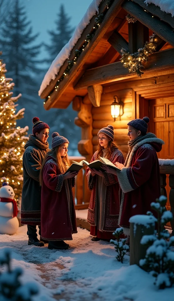  High resolution,  Best Quality , HD model,  lyrics, UHD,  Six ren dressed in winter are singing carols in front of a house door. The house is made of wood and is adorned with lots of lights, ribbons and garlands . It&#39;s snowing.  Outside the house there is an illuminated Christmas tree and a snowman .