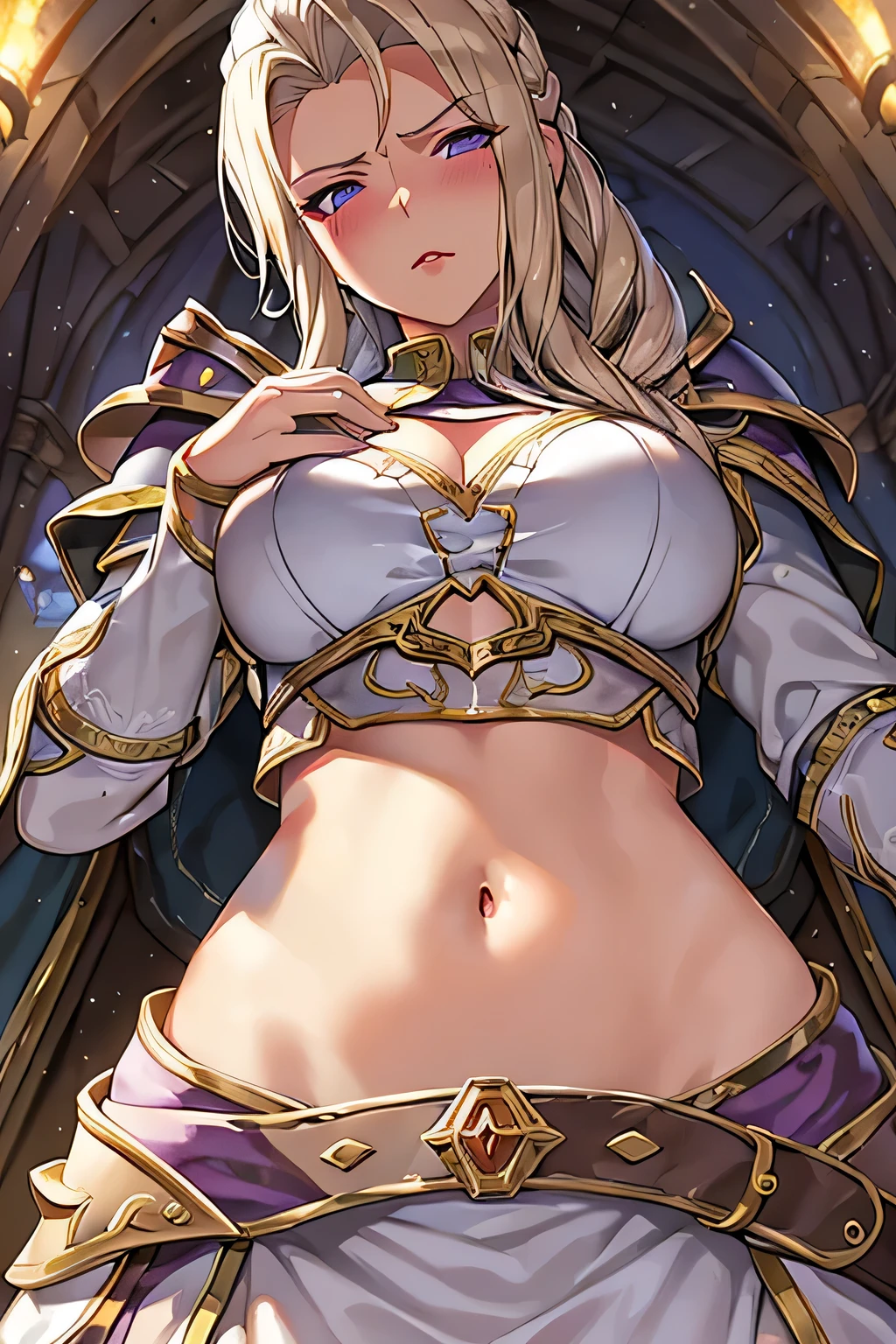 super fine illustration, vibrant colors, masterpiece, sharp focus, best quality, depth of field, ultra detailed, 1girl, solo, blush, purple waist cloth, long sleeves, armor, warcraft, world of warcraft, WOW, jaina proudmoore, looking down, blonde hair, armored dress, white skirt, makeup, red lips, chestnut mouth, jainaproudmoore, hand on own stomach, outdoors, medieval, annoyed, low waist, cropped torso, petite. midriff