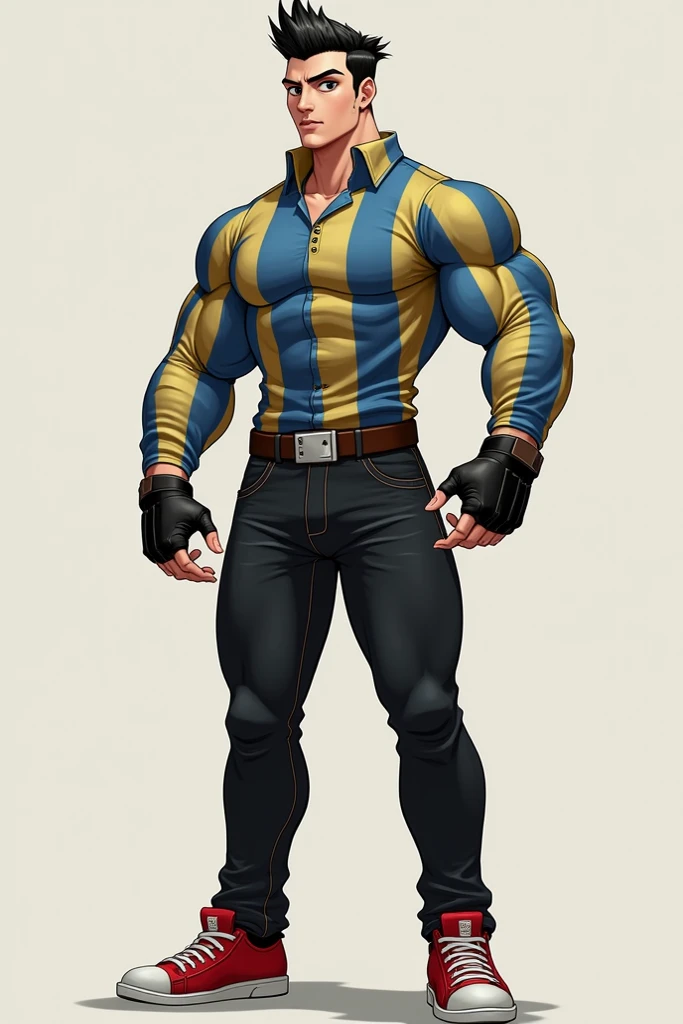 White-skinned teenager with brown hair. shaved off,with glasses and a turned-up nose.
He has a muscular body the size of a huge bodybuilder.
He wears a super tight black spandex suit,  white gloves and extra-long white football socks, these socks are so long that they reach up to her thighs, highlighting her legs 