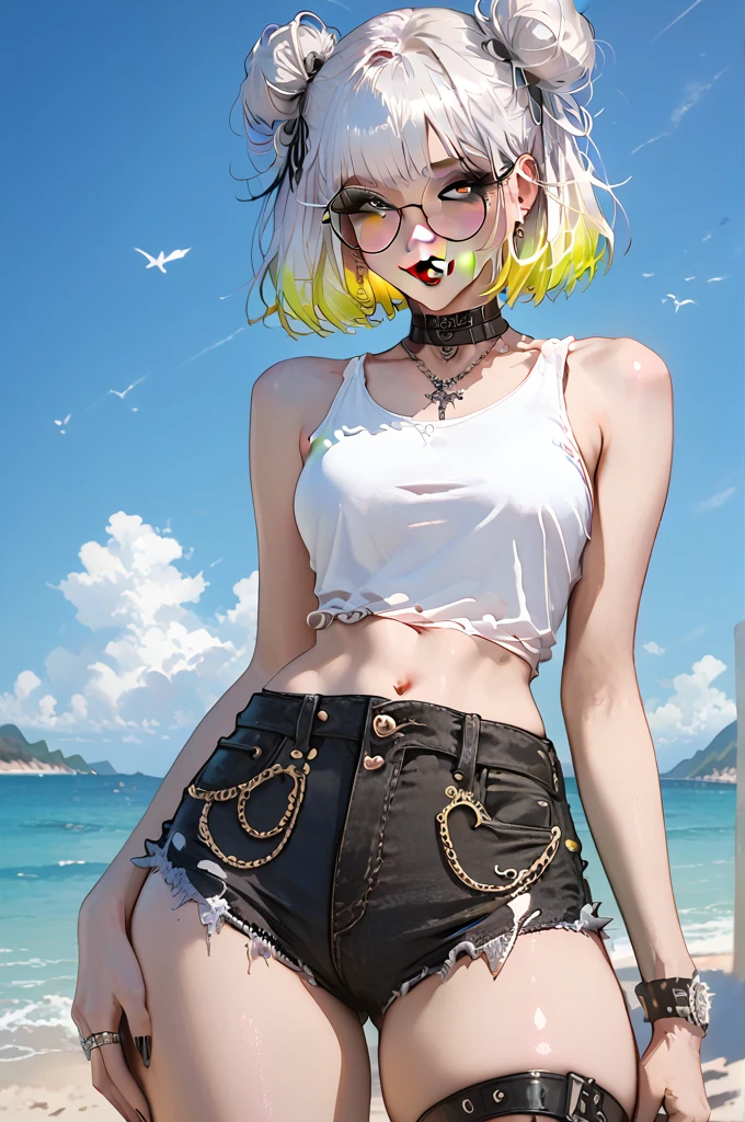 score_9, score_8_up, score_7_up, nsfw, 1 skinny woman, White, and yellow multicolored hair), white hair, yellow hair, tank top, short hair with 2 buns, sun glasses, standing on the beach, blushing, smiling, perfect anatomy, big hips, round ass, wearing black denim jean shorts, black toe nails, black fingernails, black eyeliner, perfect face, masterpiece,