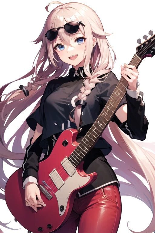 solo, 1girl, vocaloidia, ahoge, twin braids, jacket pink, black tie, sunglasses, red pants, mad face, smile, :d, holding guitar