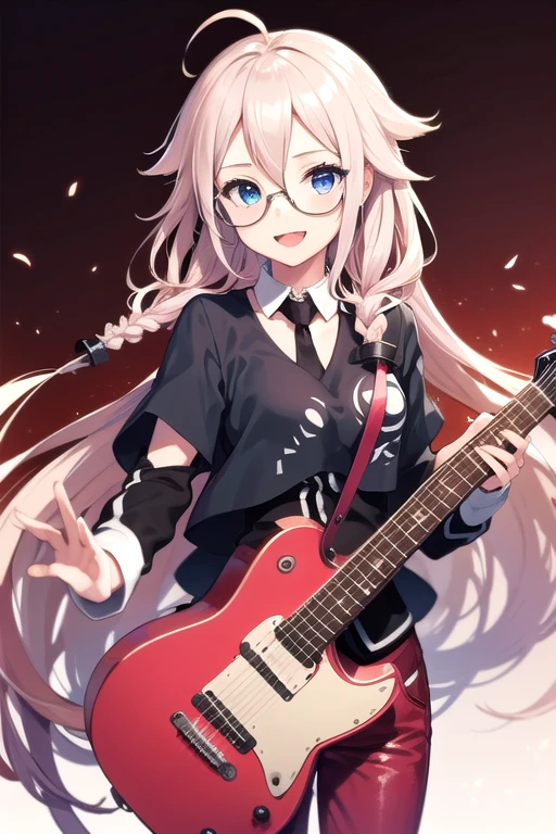 solo, 1girl, vocaloidia, ahoge, twin braids, jacket pink, black tie, sunglasses, red pants, mad face, smile, :d, holding guitar