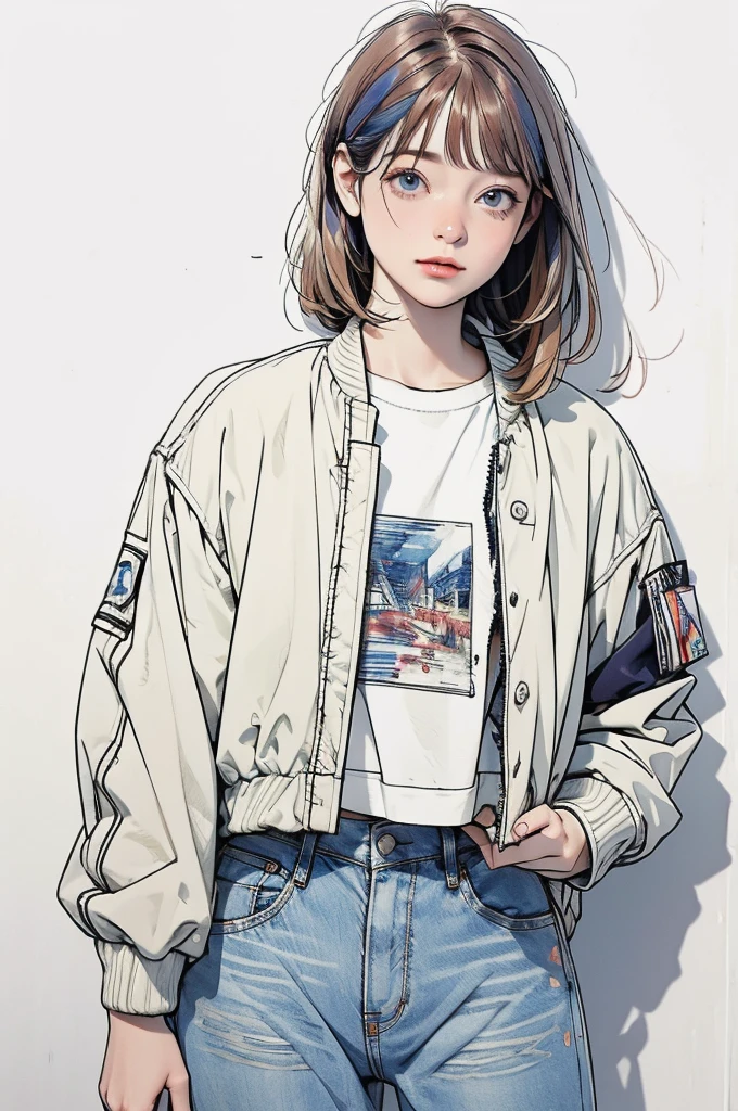 (masterpiece, Highest quality, Very detailed, 8k, Realistic),  One girl, alone, Very detailed face, (head shot:1.5), contrapposto, leaning against a concrete wall covered in graffiti, medium multi colored hair, She is wearing a T-shirt  and  over-sized bomber jacket, wide denim pants, Perfect Anatomy, hard shadow, watercolor, lineart, rough sketch, RGB, chromatic aberration