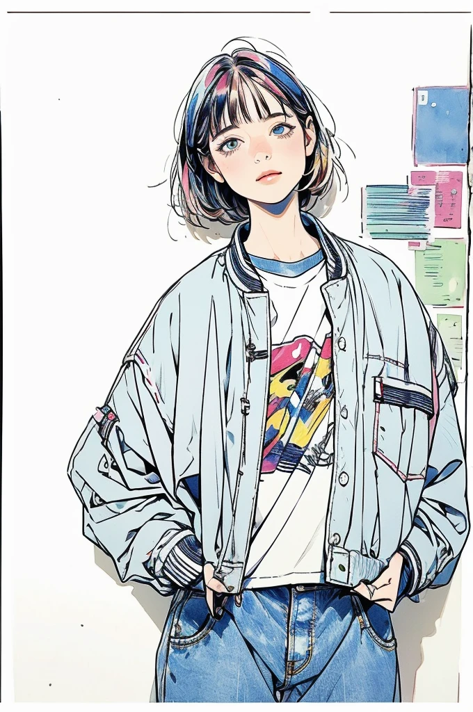 (masterpiece, Highest quality, Very detailed, 8k, Realistic),  One girl, alone, Very detailed face, (head shot:1.5), contrapposto, leaning against a concrete wall covered in graffiti, medium multi colored hair, She is wearing a T-shirt  and  over-sized bomber jacket, wide denim pants, Perfect Anatomy, hard shadow, watercolor, lineart, rough sketch, RGB, chromatic aberration