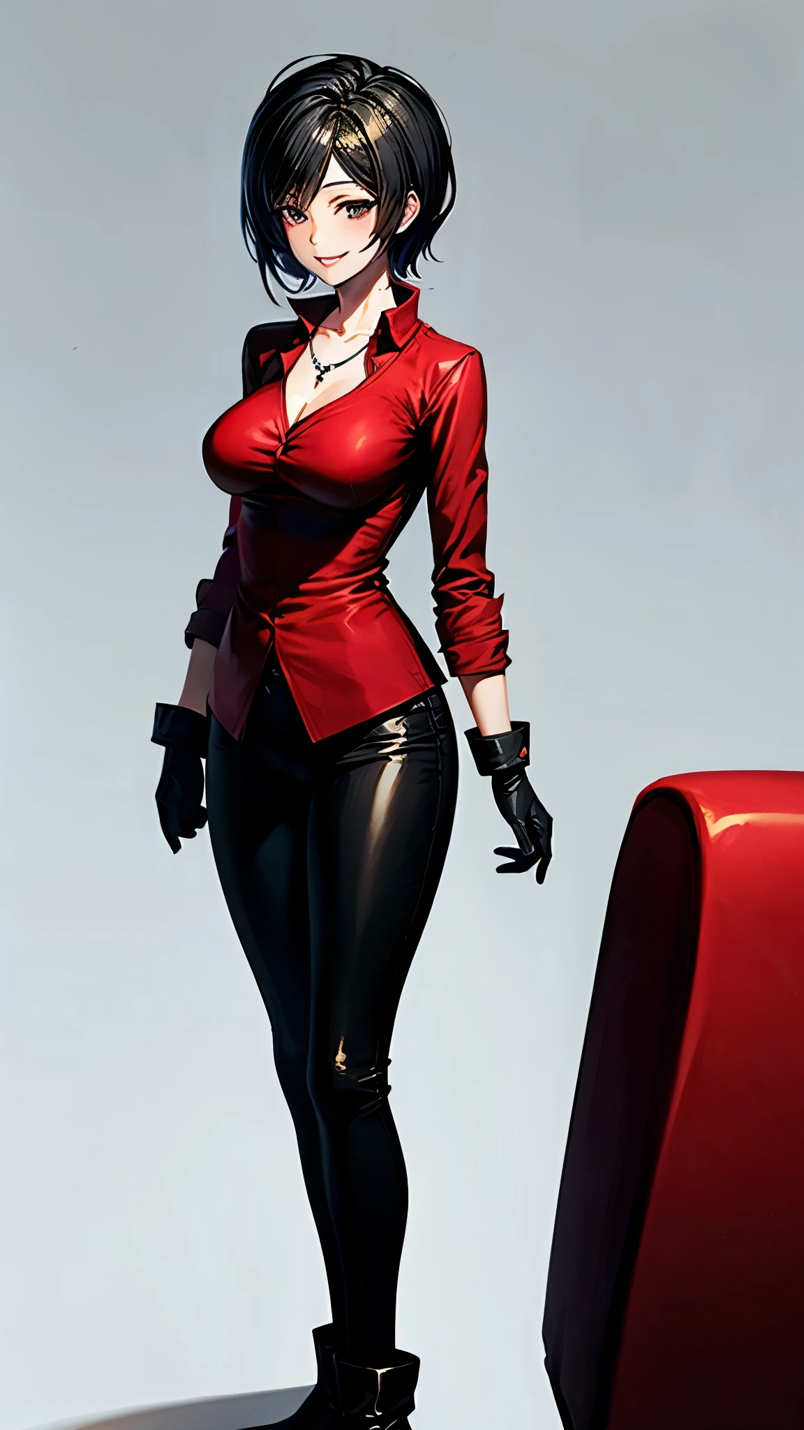 （ super quality, ultra high resolution,16k,super masterpiece,Ultra HD ,Detailed shading and background,）sexy wife,Short, straight, black hair ,（A red shirt suit that has been unbuttoned, spread wide, and stood straight,Folded sleeves, black long gloves,Tight black pants, black long boots ,） cross necklace,smile,Thick lips, Living room where the sun shines ,