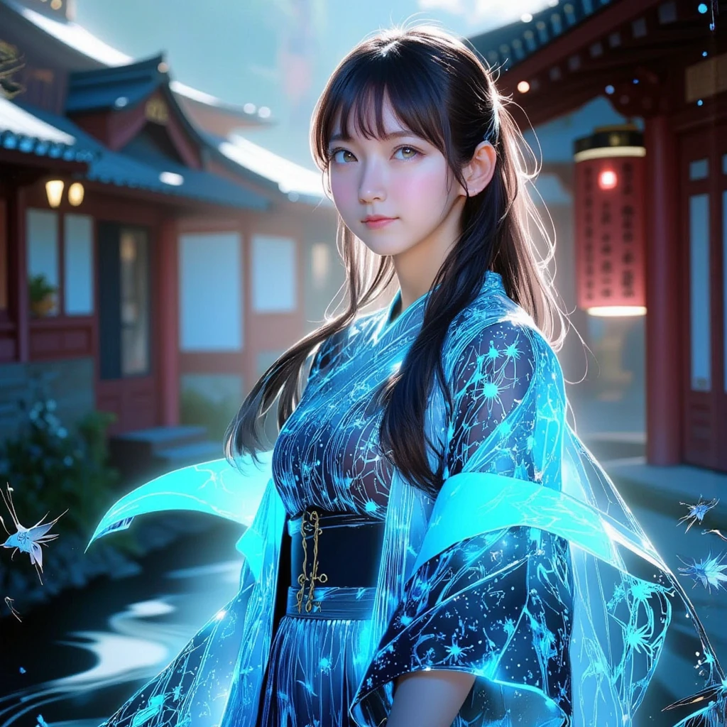 An elegant East Asian woman standing gracefully in a traditional kimono-inspired outfit with luminous Gothic-style lace patterns, featuring inverted colors and glowing blue lines that create a mesmerizing effect. Her attire showcases inverted outlines, glowing and shining details that highlight the intricate craftsmanship of the design. Her pose is poised, with her body slightly turned to the side, and her long, flowing hair gently moved by the breeze. The composition focuses entirely on her as the singular subject, ensuring a captivating and elegant presentation. She stands in an outdoor setting resembling a Japanese temple garden, with traditional architecture and natural surroundings that complement her glowing attire. Her calm, expressive face is softly illuminated by the glowing and shining lace patterns, creating a harmonious blend of tradition and futuristic elegance.