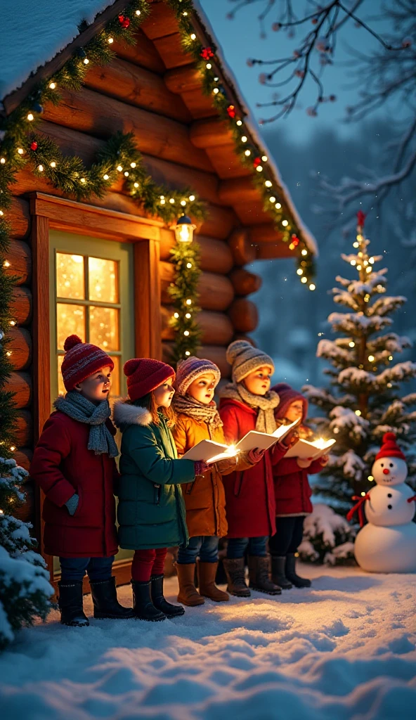  High resolution,  Best Quality , HD model,  lyrics, UHD,  Six young ren in hats, coats and scarves and winter boots are singing carols in front of a house door.. The house is made of wood and is adorned with lots of lights, ribbons and garlands . It&#39;s snowing.  Outside the house there is an illuminated Christmas tree and a snowman .