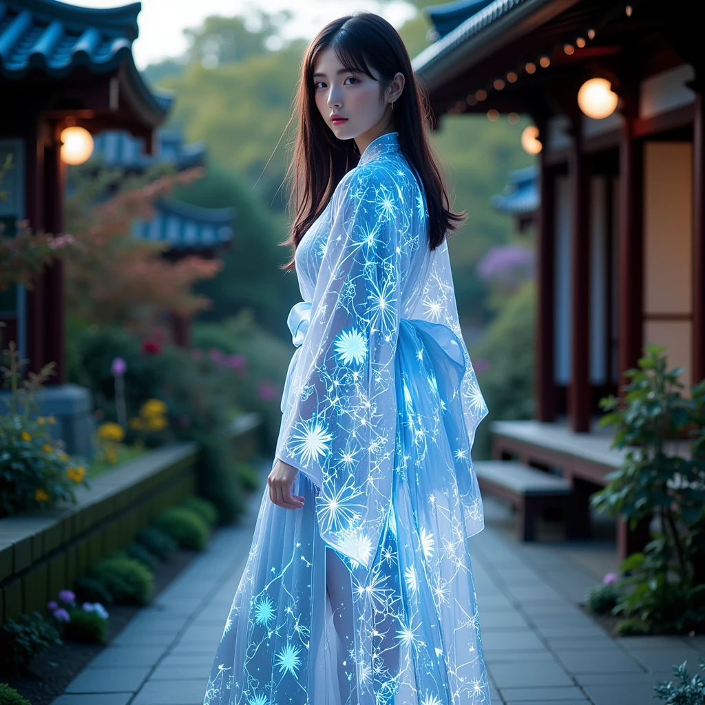 An elegant East Asian woman standing gracefully in a traditional kimono-inspired outfit with luminous Gothic-style lace patterns, featuring inverted colors and glowing blue lines that create a mesmerizing effect. Her attire showcases inverted outlines, glowing and shining details that highlight the intricate craftsmanship of the design. Her pose is poised, with her body slightly turned to the side, and her long, flowing hair gently moved by the breeze. The composition focuses entirely on her as the singular subject, ensuring a captivating and elegant presentation. She stands in an outdoor setting resembling a Japanese temple garden, with traditional architecture and natural surroundings that complement her glowing attire. Her calm, expressive face is softly illuminated by the glowing and shining lace patterns, creating a harmonious blend of tradition and futuristic elegance.