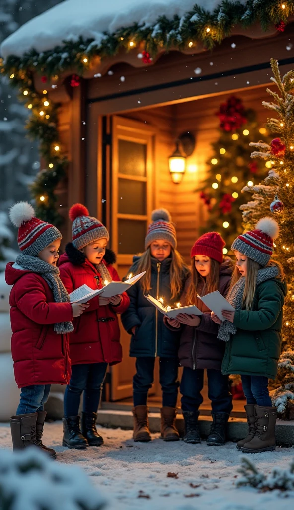  High resolution,  Best Quality , HD model,  lyrics, UHD,  Six young ren in hats, coats and scarves and winter boots are singing carols in front of a house door.. The house is made of wood and is adorned with lots of lights, ribbons and garlands . It&#39;s snowing.  Outside the house there is an illuminated Christmas tree and a snowman .