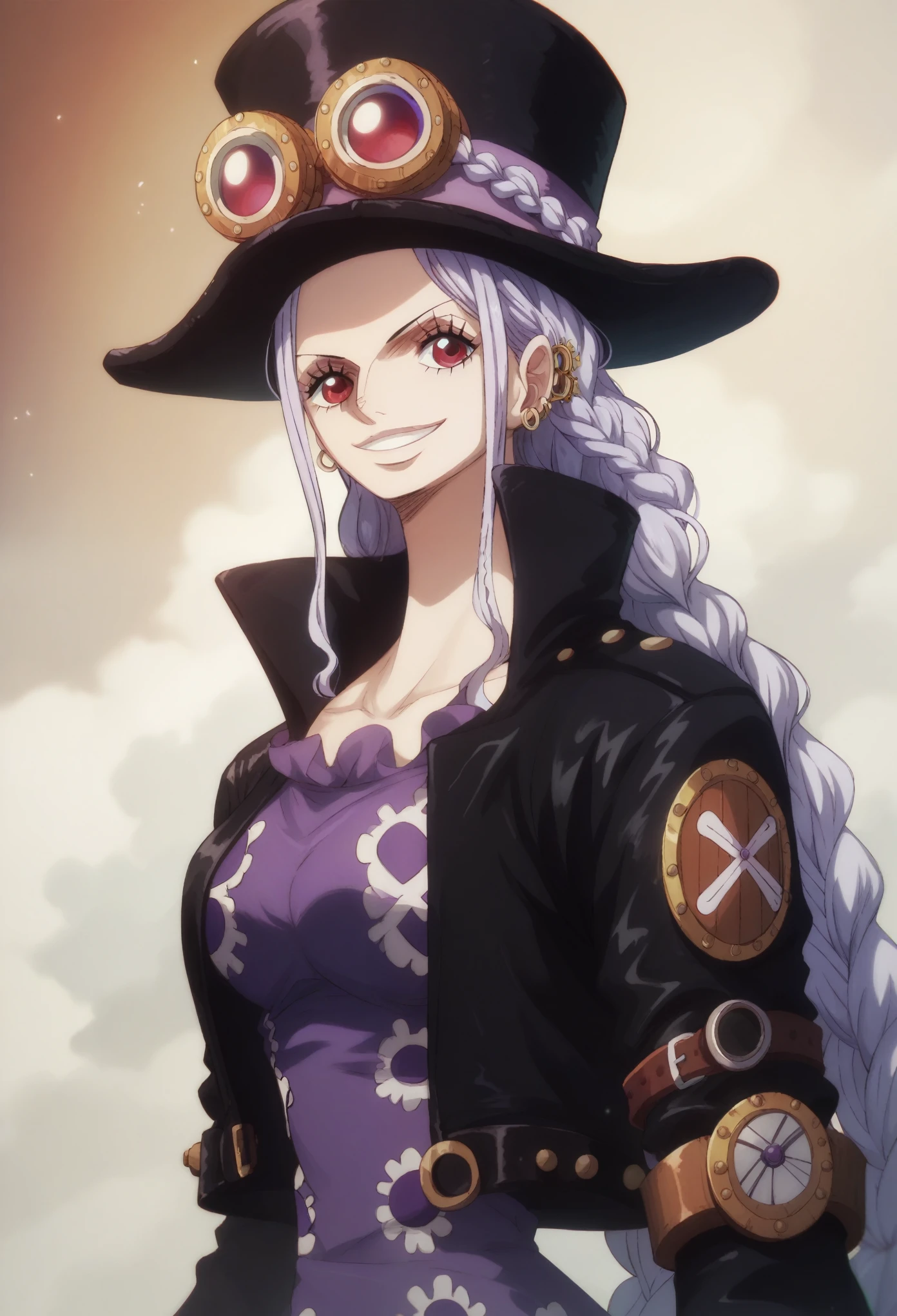 A woman from one piece, long hair, steampunk aesthetic , hat, very dark purple clothes, black jacket , red eyes, silver braids, goth, smile, perfect anatomy 