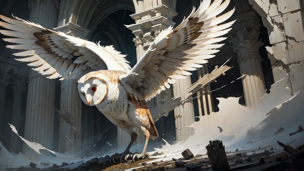 a gotic anime style of a very large white and black barn owl with antlers