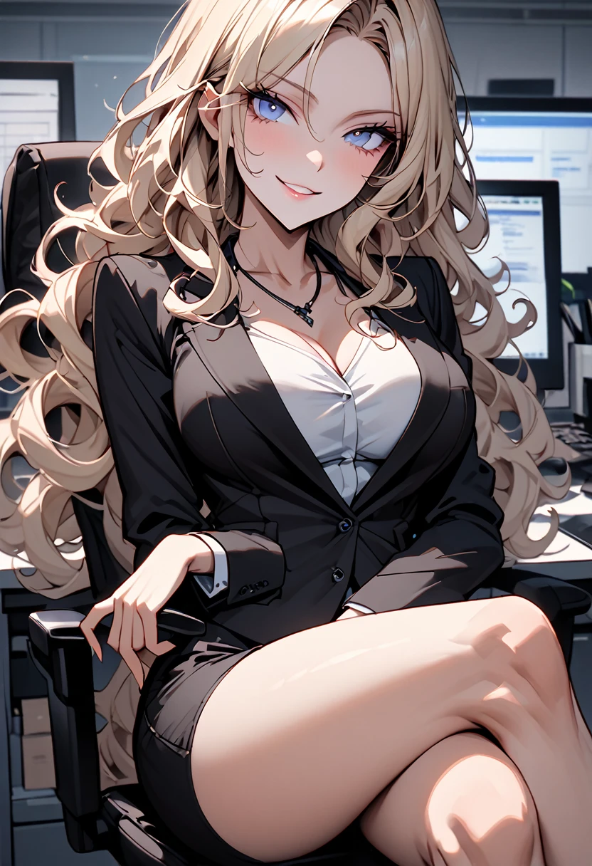 (one woman),gravure,(((suit))),masterpiece, thin-framed glasses,small glasses,extremely fine and beautiful, cleavage between breasts,slanted eyes,beautiful face,((sitting in a chair)),((crossed legs)),(dress shirt),in the office