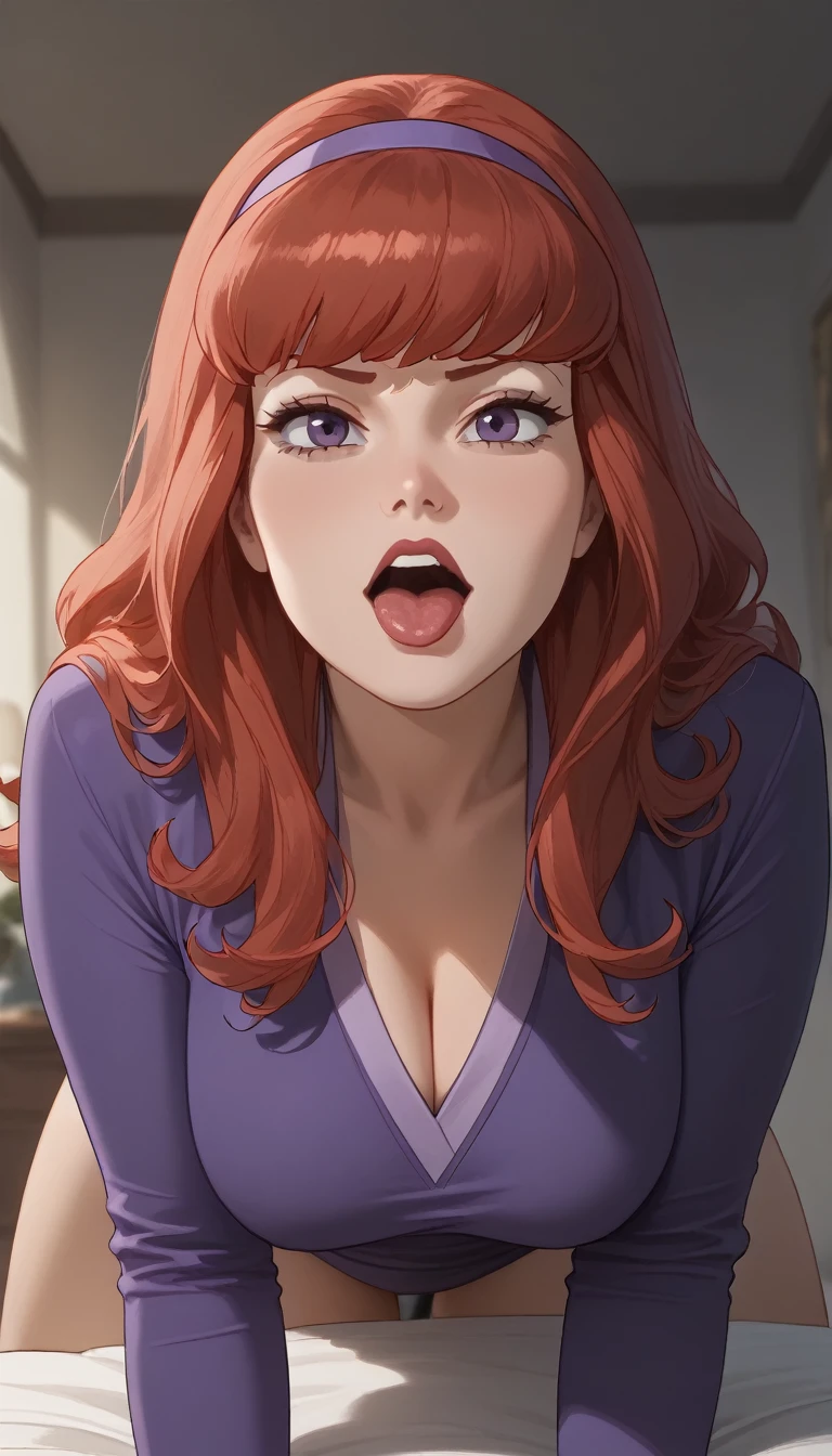 score_9, score_8_below,1 (Daphne Blake),  long red hair, Best quality, High quality, Detailed, High resolution, 8k, Ultra high res, Soft saturation, Professional quality, Perfect contrast, Perfect litthing, Anatomically correct, Huge breasted, Wide hips, Gargantuan butt, Sensual woman, mature female, milf, motherly, Tongue out, seductive BREAK Face focus, Looking up, Top-down, Leaning forward, fully