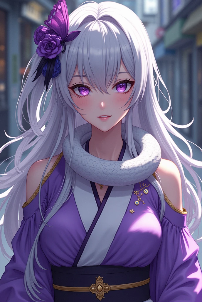 Best Quality,High resolution,8k,(plain white background, no patterns, no textures, just a plain white background:1.3),Masterpiece:1.2),beautiful girl,Big Breasts,(Shiny purple hair:1.3),(bob cut:1.2),Beautiful purple eyes,kimono,Western Rock,Japanese Gothic,Absolute area,Gentle look,A refreshing look,smile,Best quality,Best Quality,Aesthetic and aesthetic:1.2,Best details((Super detailed))(High-definition CG illustrations),Slender body,smile,blush,cute,Scrounge,Looking up,Being spoiled,wariza