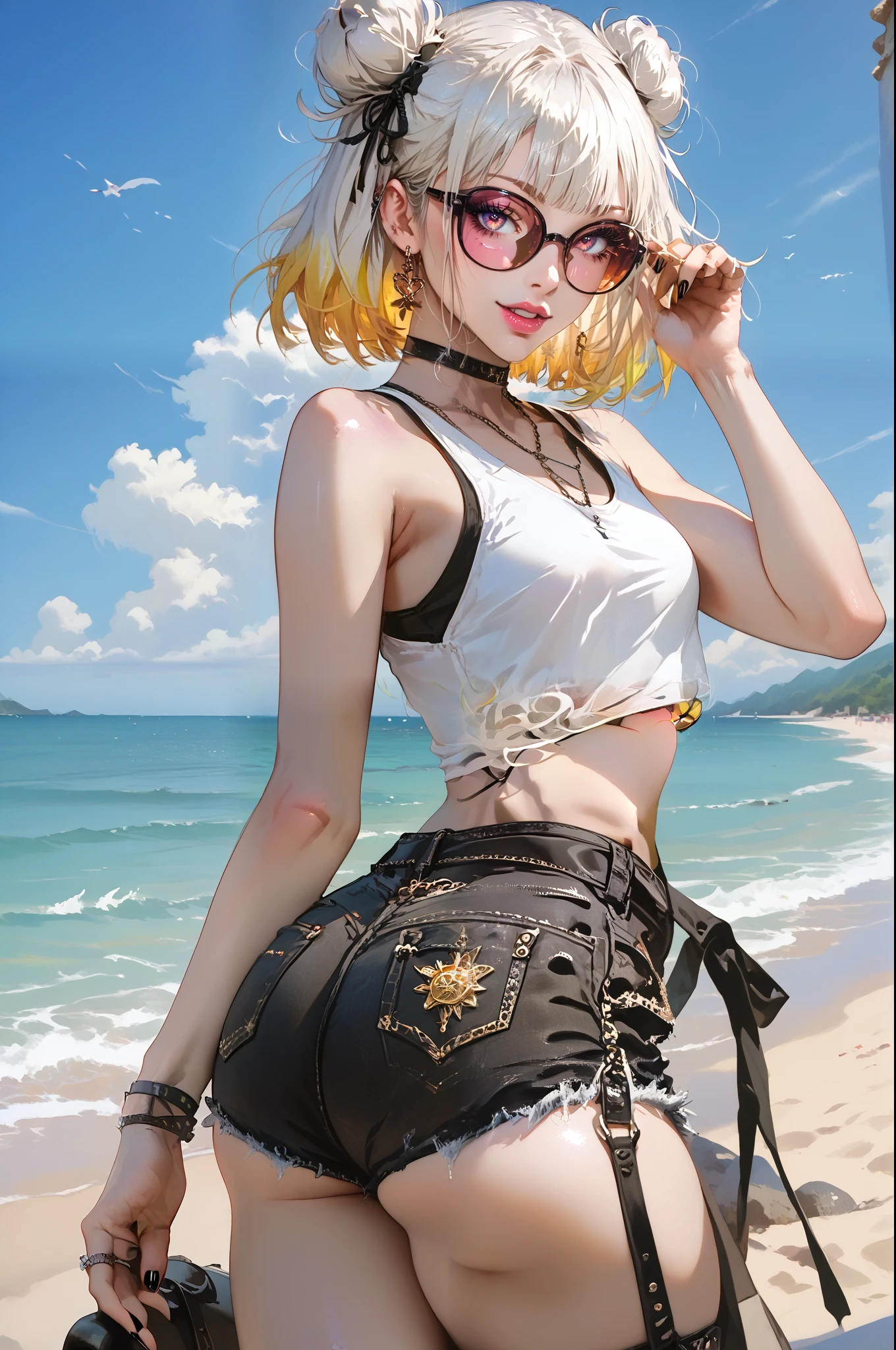 score_9, score_8_up, score_7_up, nsfw, 1 skinny woman, White, and yellow multicolored hair), white hair, yellow hair, tank top, short hair with 2 buns, sun glasses, standing on the beach, blushing, smiling, perfect anatomy, big hips, round ass, wearing black denim jean shorts, black toe nails, black fingernails, black eyeliner, perfect face, masterpiece,
