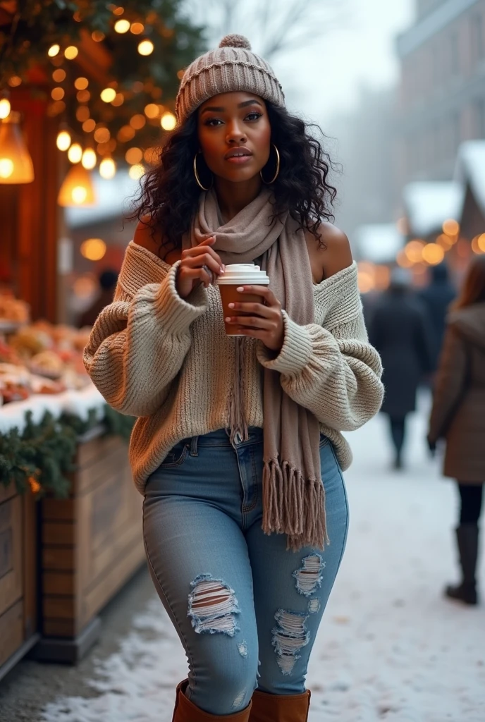 African American female, medium complexion, with a sprinkle of freckles. Standing at 5'8, big breasts, urban style, https://image.cdn2.seaart.ai/2024-01-26/cmppavle878c73da8afg/095f7794bbde93142c953b6bfb3147795a7067ab_high.webp in a winter wonderland setting at the National Harbor. The image should showcase the waterfront adorned with seasonal decorations and possibly a touch of snow. The influencer can be casually posed, perhaps with a warm cup of cocoa, exuding a cozy and festive atmosphere.