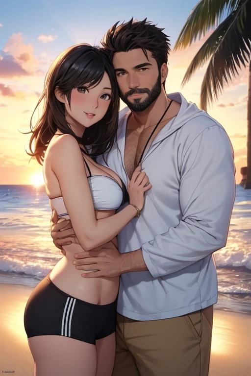 An intimate scene of an interracial couple at sunset. The couple features a handsome, ripped European male in his forties with gray hair and a charming small Japanese girl in her twenties with long black hair and olive skin making love in the sun at a sandy beach. The couple is so much in love that they forget about their age difference and just confidently look at the camera. They are the couple of beach radiating affection align with the beautiful sunset of summer. 1boy, 1girl, couple, Japanese girl, Japanese female, young female, slender face, long hair, black hair, female, short female, wearing bandeau bikini, natural makeup, girl glossy lips, female small breasts, looking at viewer, beautiful eyes, seductive smile,
Caucasian man, European male, 40-year-old male, male with beard, bigger face, muscular male, muscular physique, bulk, topless, boy wearing shorts, short hair, sculpted chest, ocean, dating, tight hug, grin, looking at viewer, age difference couple, height difference couple, couple photo, beautiful hands, beautiful fingers, photorealistic