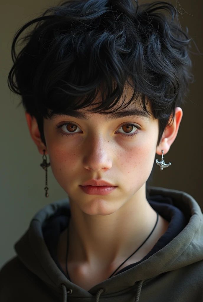 black boyty, brown-eyed, with 18 years, with curly hair.
