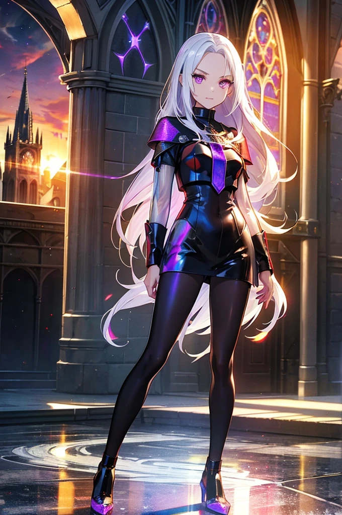 The background is a sunset sunset 、 medieval cityscape with basket、The cathedral shines brightly、red and green contrast 、Path of Light、 Edelgard in black armor, wearing black tights ,((  Holographic  )), （I can see the fangs、Double teeth、 wore black tights  ( transparent PVC clothing , transparent colored vinyl clothing , : 1.2。prism, Holographic , Color Difference, fashion illustration), （Mean face、 red eyeliner that makes a striking impression、  cold eyes 、  has long eyelashes） Purple Eyes, Long Hair,  Holographic ブロンドヘア, Refined and elegant ,  3d rendering ,, Looking at the Audience , pixib,movie lighting,  very detailed,  Clear Focus 